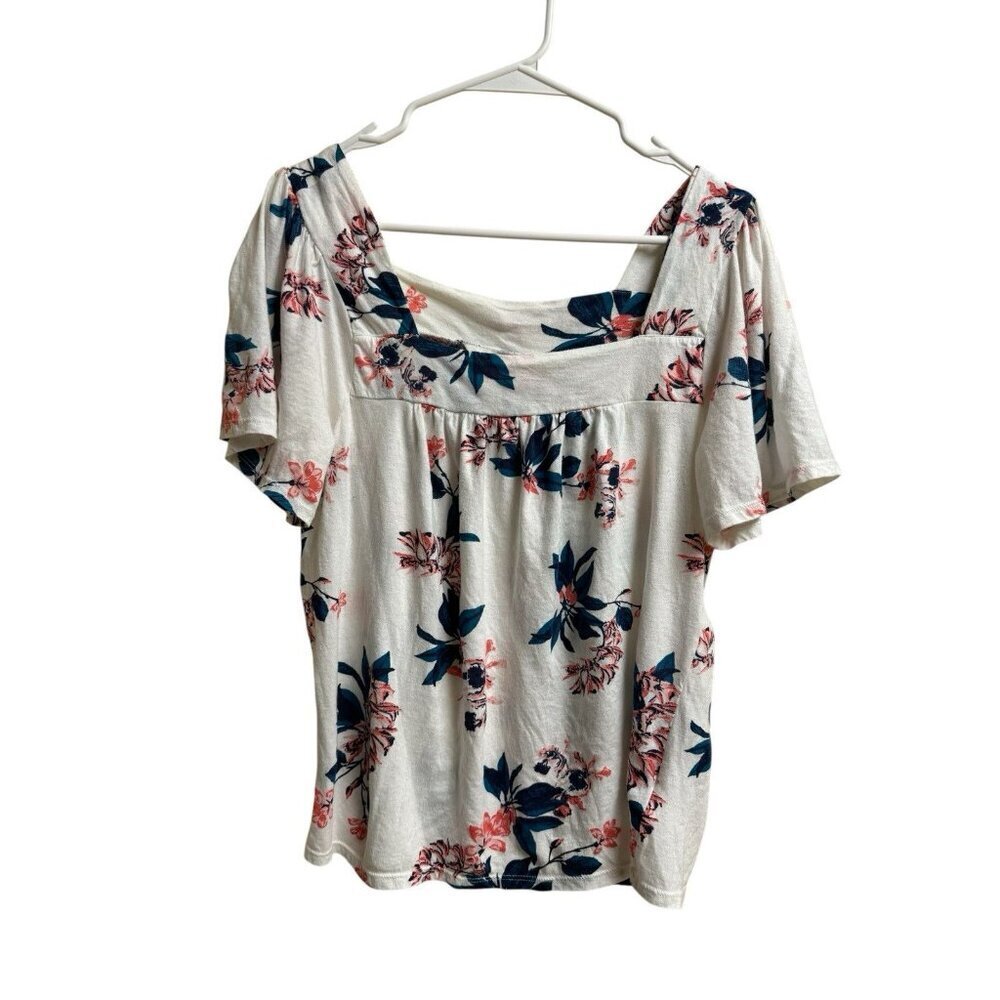 Lucky Brand Floral Knit Top Cream Blue Short Sleeve Soft Casual Blouse M